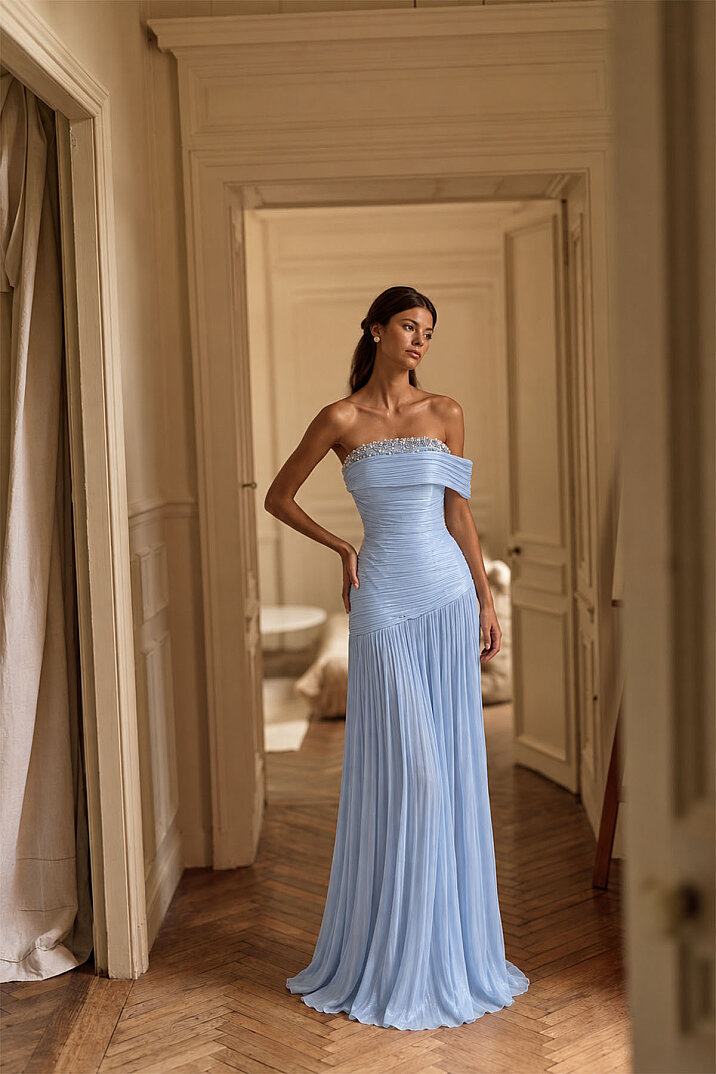 Bebe Mavisi İnci Detaylı Drapeli Abiye | Bernice Dress