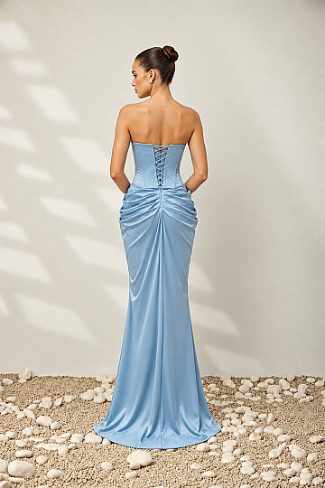 Bebe Mavisi Straplez Drapeli Abiye | Bernice Dress - 3