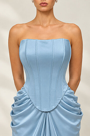 Bebe Mavisi Straplez Drapeli Abiye | Bernice Dress - 5