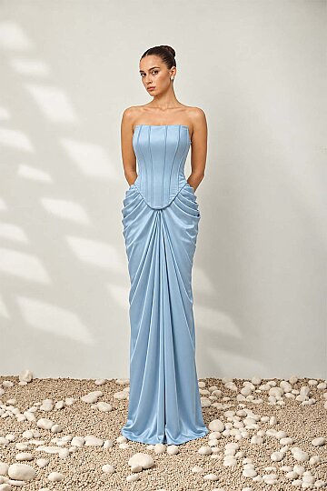 Bebe Mavisi Straplez Drapeli Abiye | Bernice Dress - 1